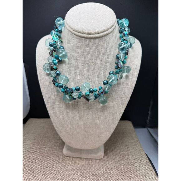 Chunky Aqua Teal Glass & Shell Bead Statement Necklace - Picture 8 of 8